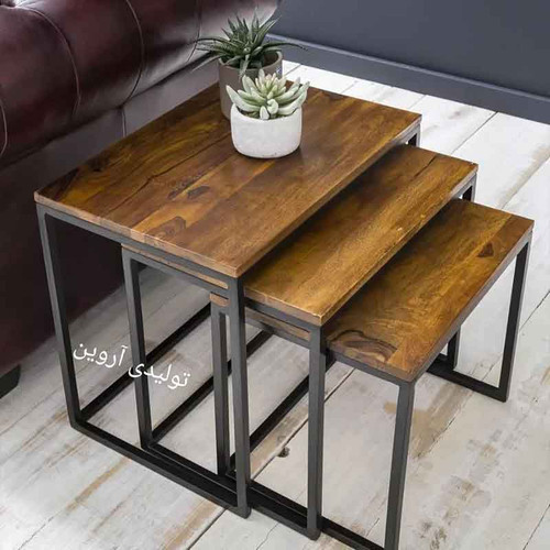 میز کنار مبلی چوب و فلز آروین مدل روناک سه عددی
